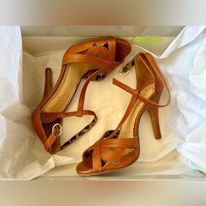 Jessica Simpson Jeraldine Elegant Brown Leather Open Toe Heels Women’s Size 5.5M